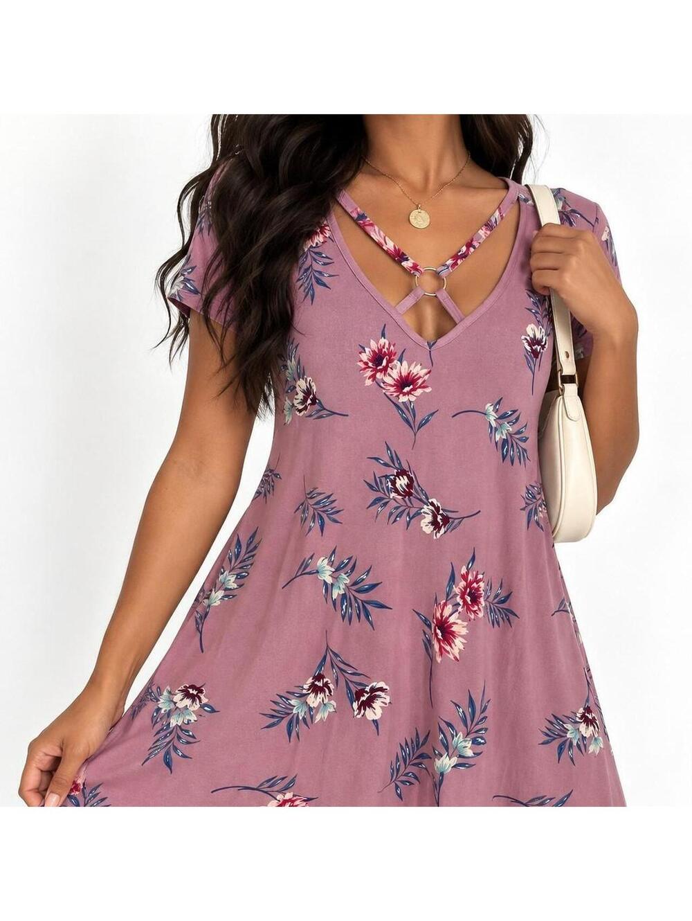 Cottagecore Boho Floral Swing Dress | Pink Rose L